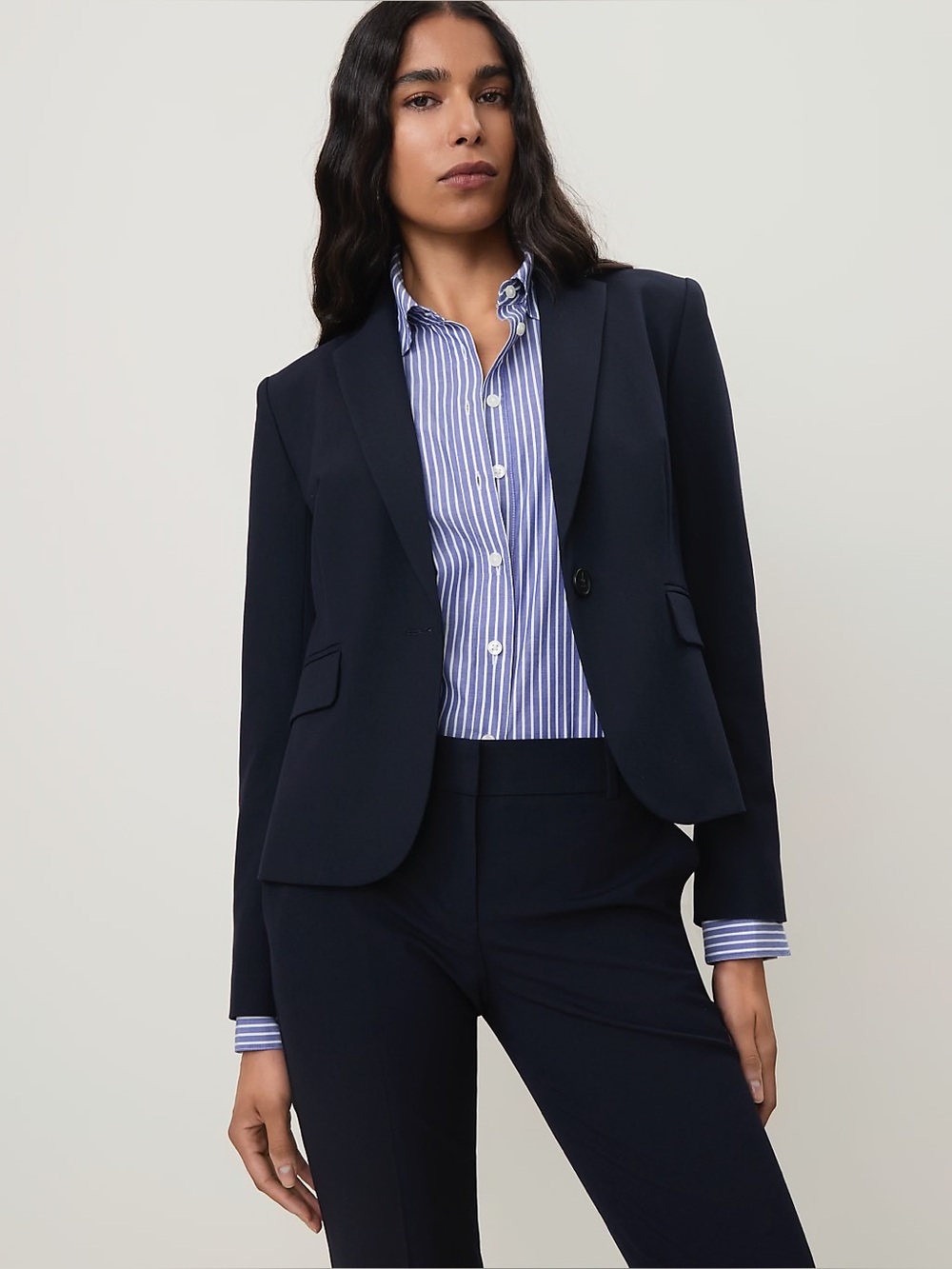 Ann Taylor The Notched Single Button Blazer In Seasonless Stretch Navy Blue